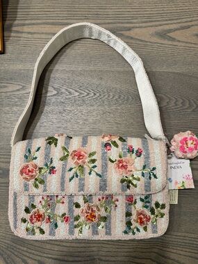 Embroidered Pink Floral Shoulder Bag with Beaded Detail